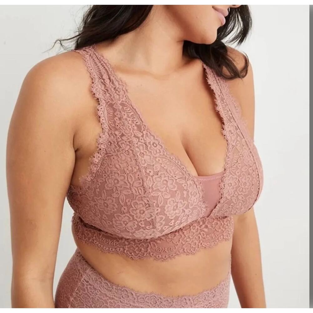 Aerie Size XL Eyelash Lace Lightly Padded Plunge Bralette Dusty Pink - Picture 2 of 10